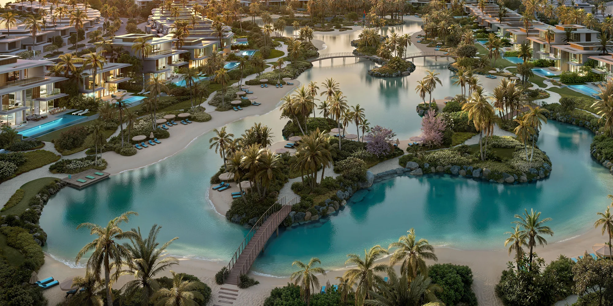 Aerial view of Bay Estate lagoons, bridges and waterfront homes